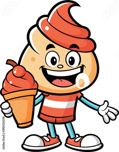 Cute ice cream character holding a cone smiling cheerfully isolated on transparent background.