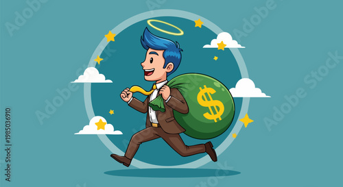 Successful businessman carrying money bag with dollar sign, angel investor with halo and blue hair, financial prosperity and wealth concept vector