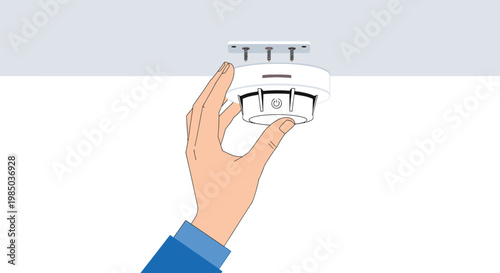 Hand Installing Smoke Detector on Ceiling for Home Fire Safety and Prevention