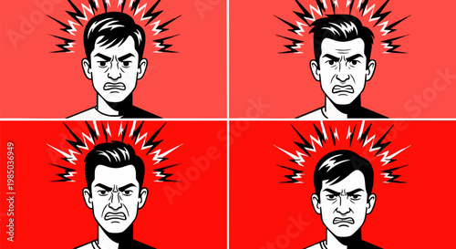 Angry man comic style vector set, frustrated male character with headache and stress symbols, furious person avatar collection on red background