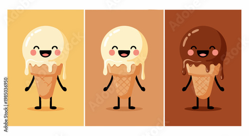 Kawaii ice cream cone characters, set of 3 cute melting dessert mascots, chocolate and vanilla flavor scoops in waffle cones, flat vector illustration