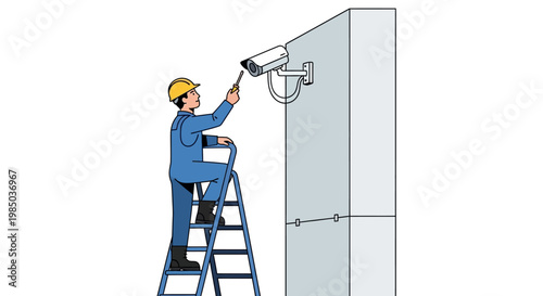 Technician Installing Security CCTV Camera on Wall Vector Illustration