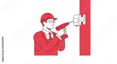 Professional Technician Installing Security Camera with Cordless Drill Vector Illustration