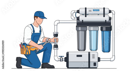 Professional Plumber Installing Reverse Osmosis Water Filtration System, Vector Illustration of Water Purifier Maintenance and Repair Service on White Background