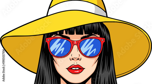 Pop art woman in yellow sun hat and red sunglasses, stylish female character with black hair and red lips, vintage comic book style vector illustration