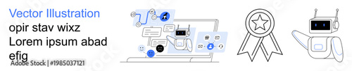 Artificial intelligence, automation, virtual assistance, achievements, innovation, digital technology. A chatbot on a screen, ribbon badge and robot illustration. Artificial intelligence and virtual