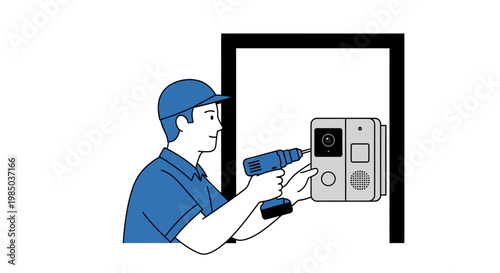 Professional Technician Installing Smart Video Doorbell Intercom System with Power Drill, Home Security and Smart Technology Installation Service Concept