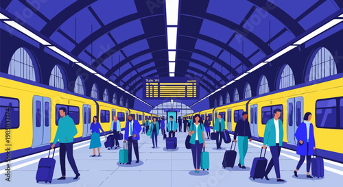 Modern railway station interior with yellow trains and commuters, busy train platform with passengers and luggage, urban public transport vector