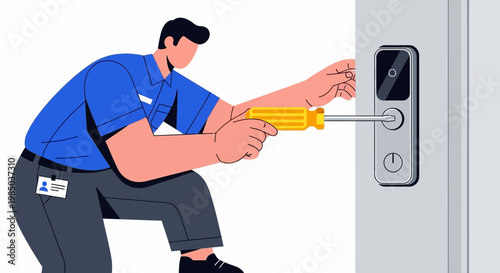 Professional Technician Installing or Repairing a Smart Digital Door Lock, Handyman in Uniform Working on Home Security System Illustration