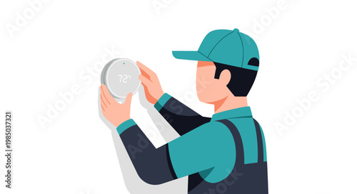 Professional HVAC Technician Installing Smart Digital Thermostat for Home Energy Management