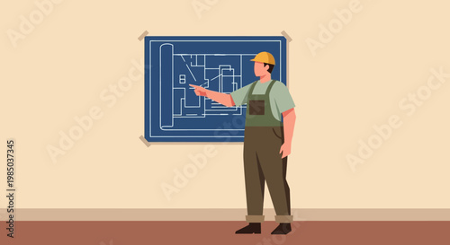 Construction Worker Pointing at Blueprint House Plan, Engineer or Architect Analyzing Architectural Drawing on Wall, Flat Vector Illustration