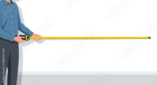Man Measuring Blank White Wall with Yellow Tape Measure for Home Renovation and Planning