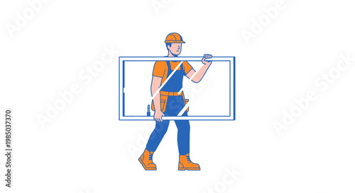 Professional Construction Worker Carrying Glass Window Frame for Installation Illustration
