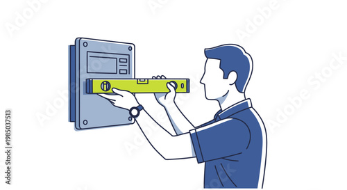 Technician Installing Electrical Panel with Spirit Level for Precision Maintenance