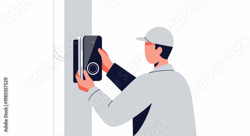 Technician Installing Smart Doorbell Camera - Professional Home Security System Installation Illustration