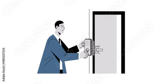 Businessman Using Digital Smart Lock for Secure Access Control, Flat Vector Illustration of Modern Office Security and Keyless Entry System