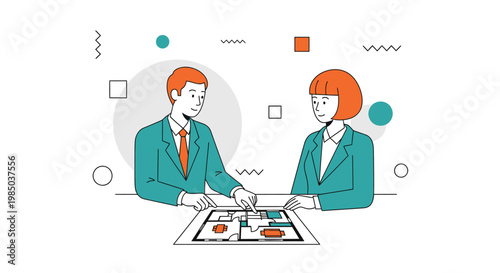 Architects Reviewing Floor Plan at Design Meeting, Professional Team Collaborating on Architectural Project Flat Vector Illustration