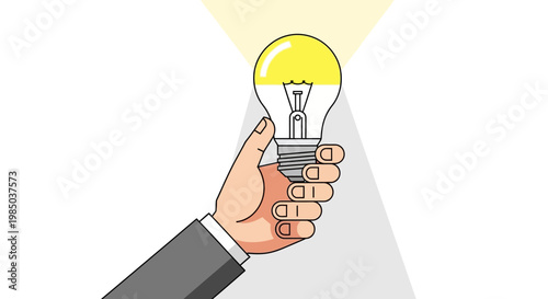 Hand of Businessman Holding a Glowing Lightbulb Vector Illustration. Creative Idea, Innovation, and Business Solution Concept.