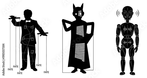 Puppet master with strings of fate futuristic and digital being concept Isolated on white background