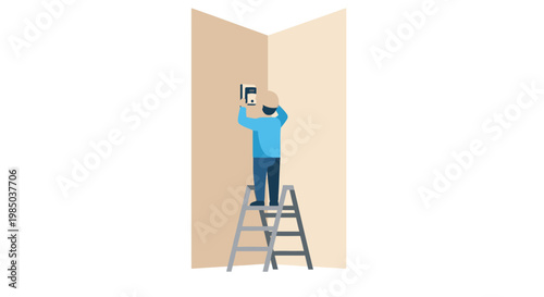 Electrician Worker in Hard Hat on Stepladder Installing Electrical Device, Maintenance and Repair Flat Vector Illustration