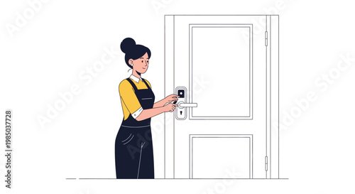 Woman Housekeeper Opening Hotel Room Door with Electronic Keycard Vector Illustration