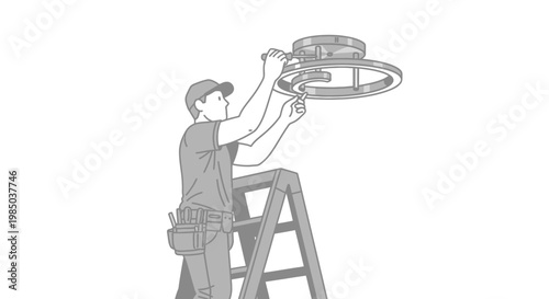 Professional Electrician Installing Modern Ceiling Light Fixture on Stepladder, Handyman Repairing Chandelier, Home Maintenance Service Concept, Minimalist Line Art Illustration