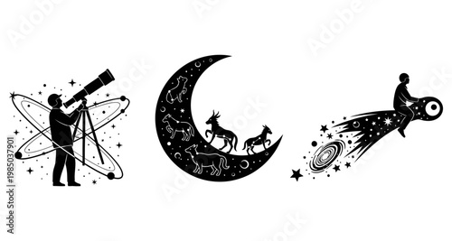 Silhouette man observing stars with telescope near planets and constellations Isolated on white background