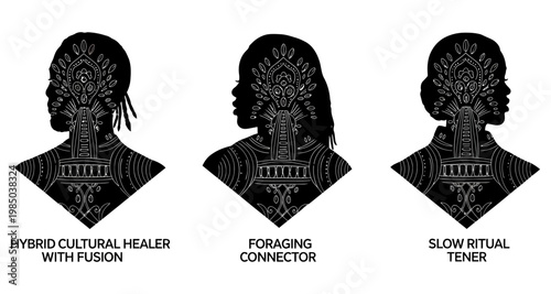 Diverse silhouettes with intricate cultural patterns representing healing and connection isolated on white background