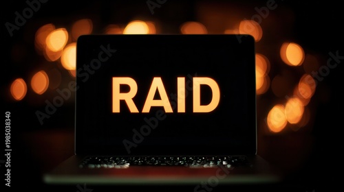 Laptop screen displays word RAID in orange font