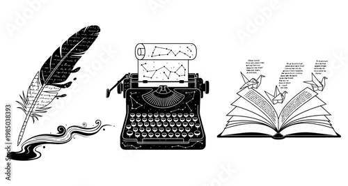 Feather pen with inkwell typewriter with scroll and open book with origami birds conveying ideas Isolated on white background