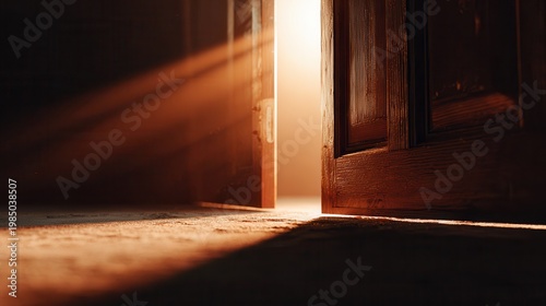 Wooden door opens to light in dark room