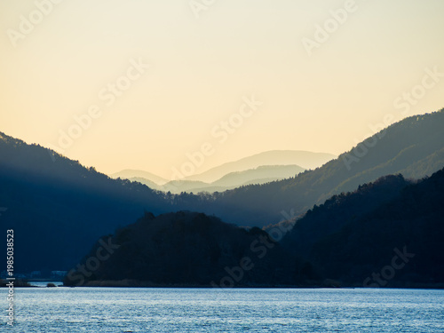 Lake Kawaguchi and Hills at Sunset in December