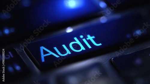 Laptop screen shows audit in blue font