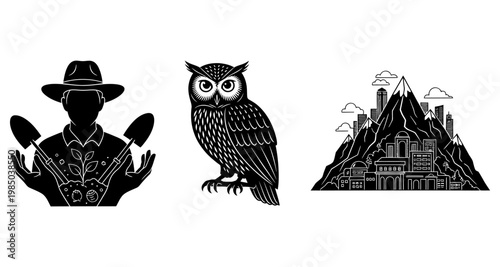 Farmer with gardening tools and plants during cultivation Isolated on white background