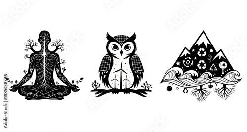 Meditating human tree roots owl and mountain nature symbols isolated on white background
