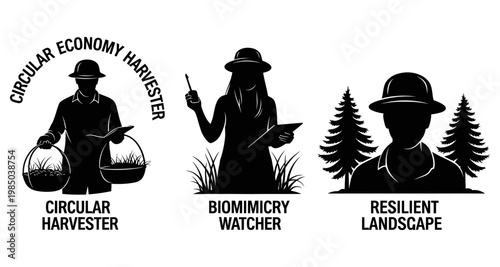 Silhouette figures representing circular economy biomimicry and resilient landscapes isolated on white background