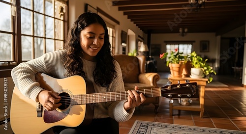 Happy Latin Teen Girl Playing Acoustic Guitar at Home in Sunlit Room