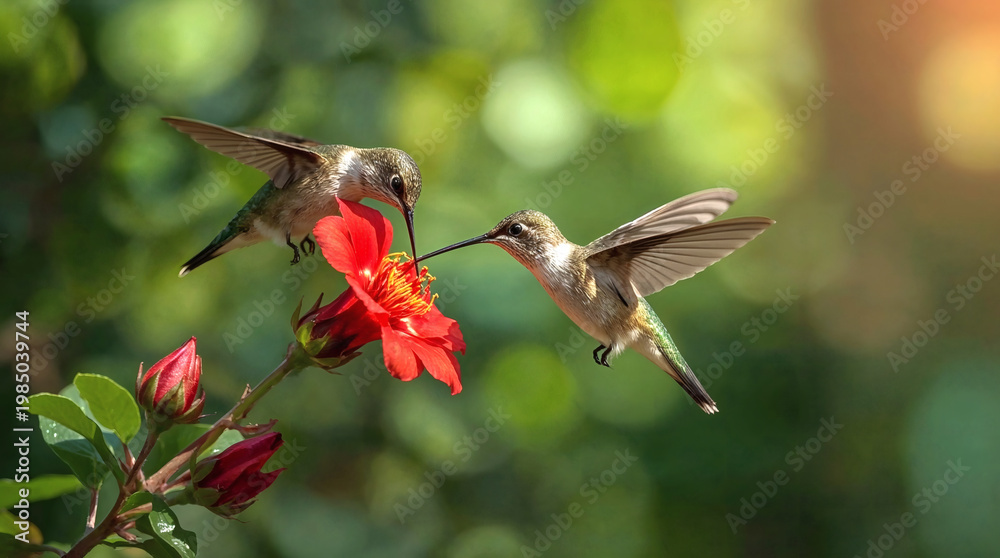 Fototapeta premium Iridescent Hummingbird Duet Close Up Feeding on Vibrant Red Flower in Soft Forest Light