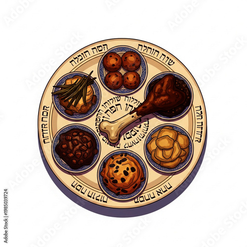 Traditional Passover Seder Plate Illustration A Beautifully Crafted Seder Plate Depicting Symbolic Foods for the Passover Celebration