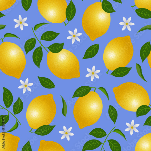 seamless pattern with lemons, leaves and flowers. mediterranean seamless texture 