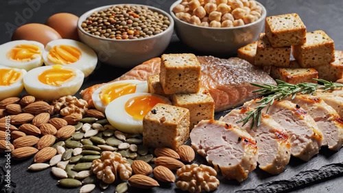 High protein foods on a black slate plate