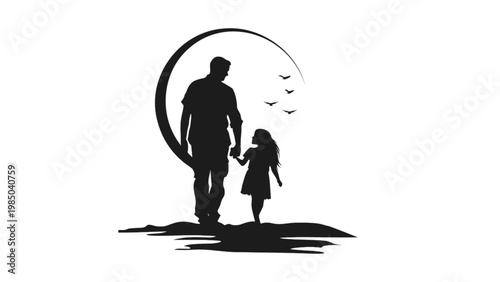 Silhouette of Father and Daughter Walking Together Under Crescent Moon