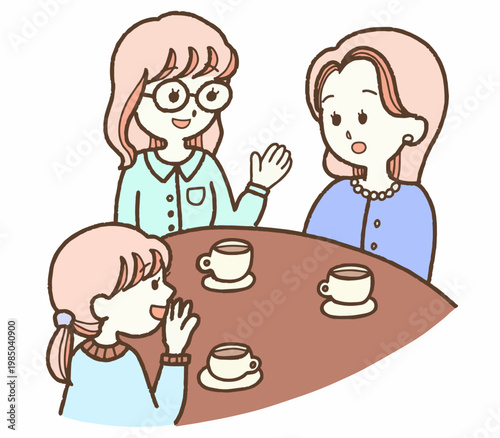 Cute hand-drawn illustration of three elegant women friends talking at cafe with coffee, girls gathering conversation clipart transparent background