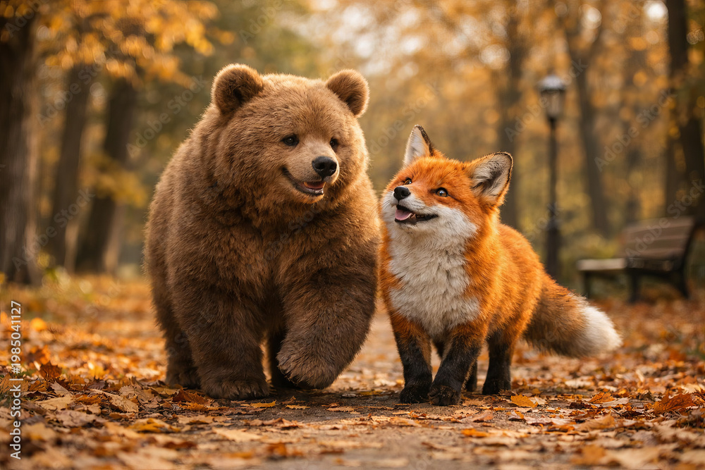Fototapeta premium Brown bear and red fox walking together in autumn forest. Friends animals in woodland, seasonal nature landscape background