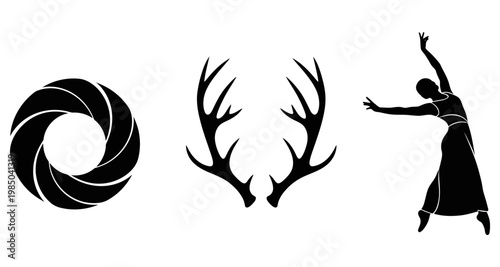 Camera aperture symbol deer antlers and dancer silhouette isolated on white background