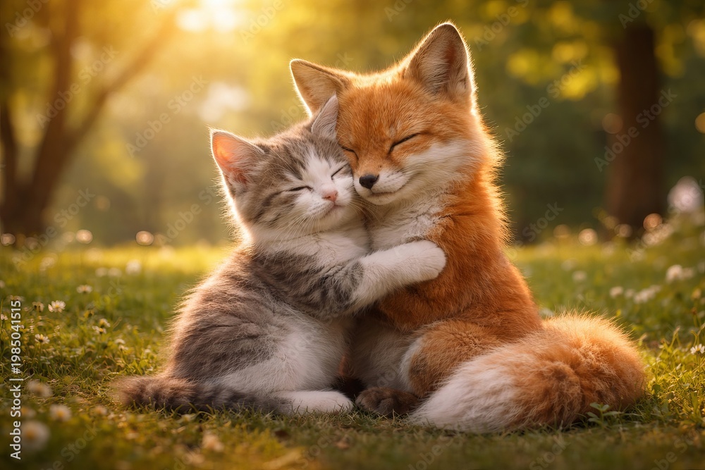 Obraz premium Kitten and fox hugging in a sunny meadow. Animals embracing in nature. Cute friendship and love concept. Two wild and domestic animals showing affection
