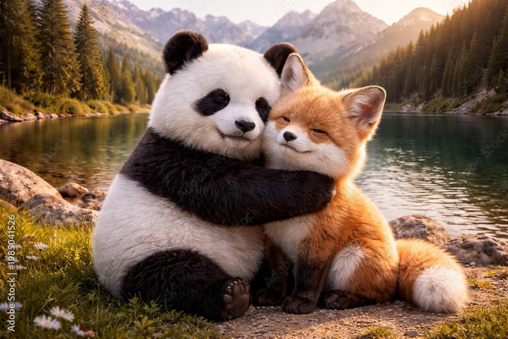 Obraz premium Panda and fox hugging each other in nature. Cute animals sitting by a mountain lake at sunset. Friendship and love between wild creatures, digital illustration of unlikely forest friends in scenery
