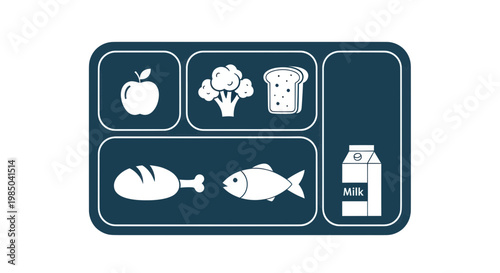 School Lunch Tray Icons: Apple, Broccoli, Bread, Chicken, Fish, Milk