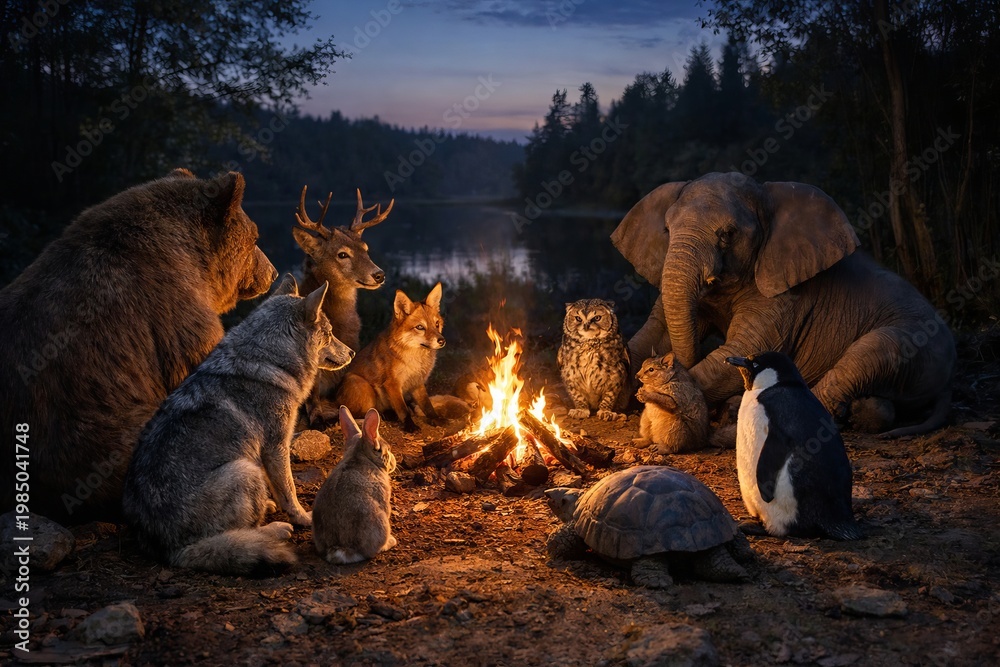 Naklejka premium Animals gathering around a campfire at night in the forest. Diverse wildlife sitting together near fire. Concept of friendship, unity and harmony in nature. Magical woodland scene illustration
