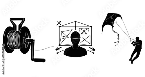 Fishing reel engineer and kite surfer in a conceptual sequence Isolated on white background